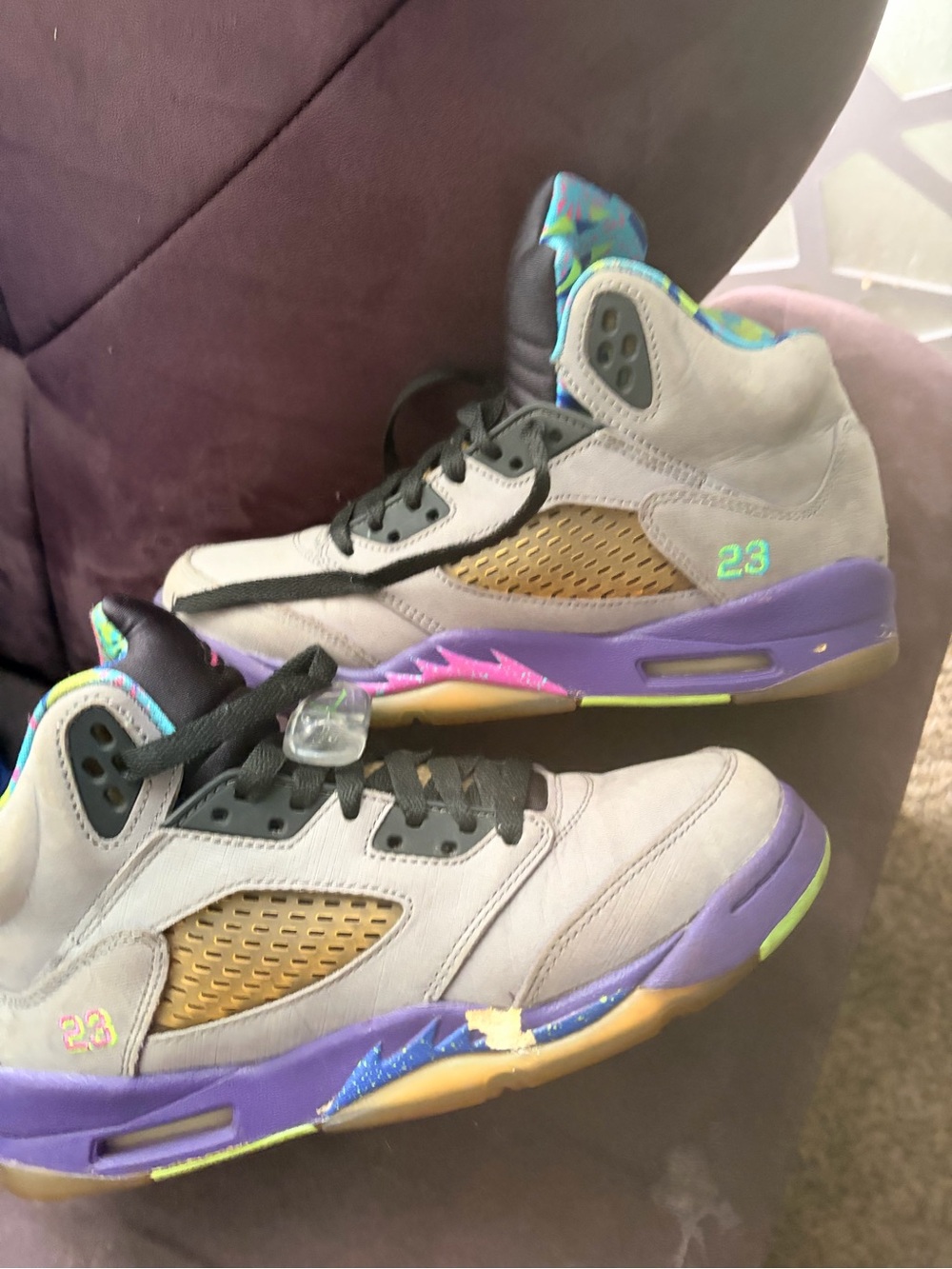 Jordan Kids Gray, Purple & Neon Accent Basketball Sneakers